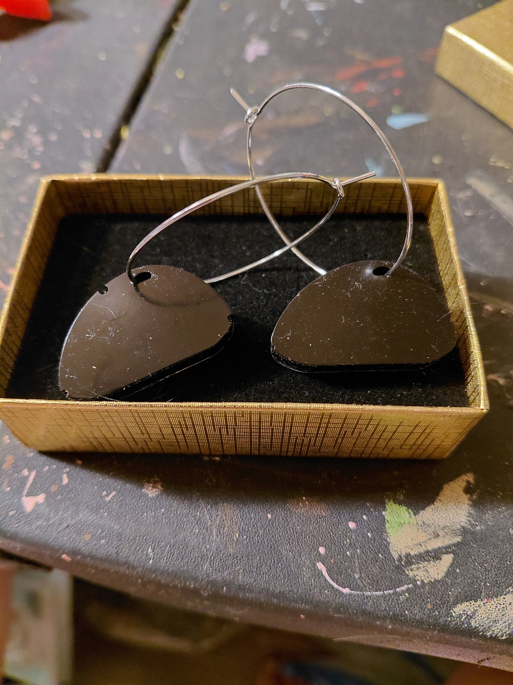 Black Hoop Drop Earrings - Minimal Geometric Design